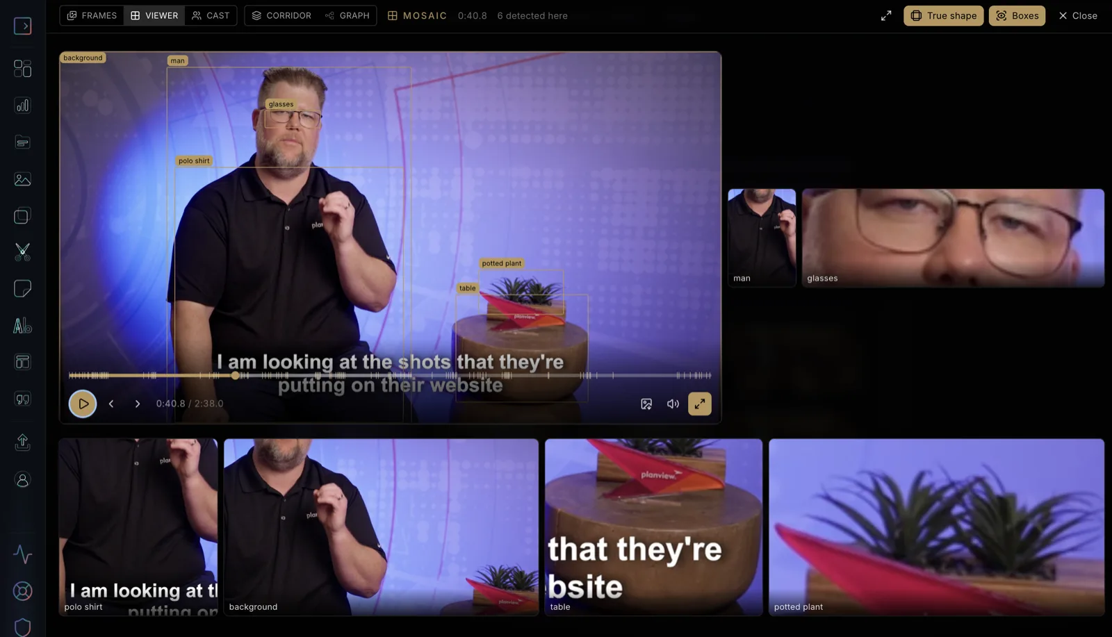 Six labelled AI detections inside a Bonomotion corporate video frame - man, glasses, polo shirt, table and potted plant - each with a cropped thumbnail