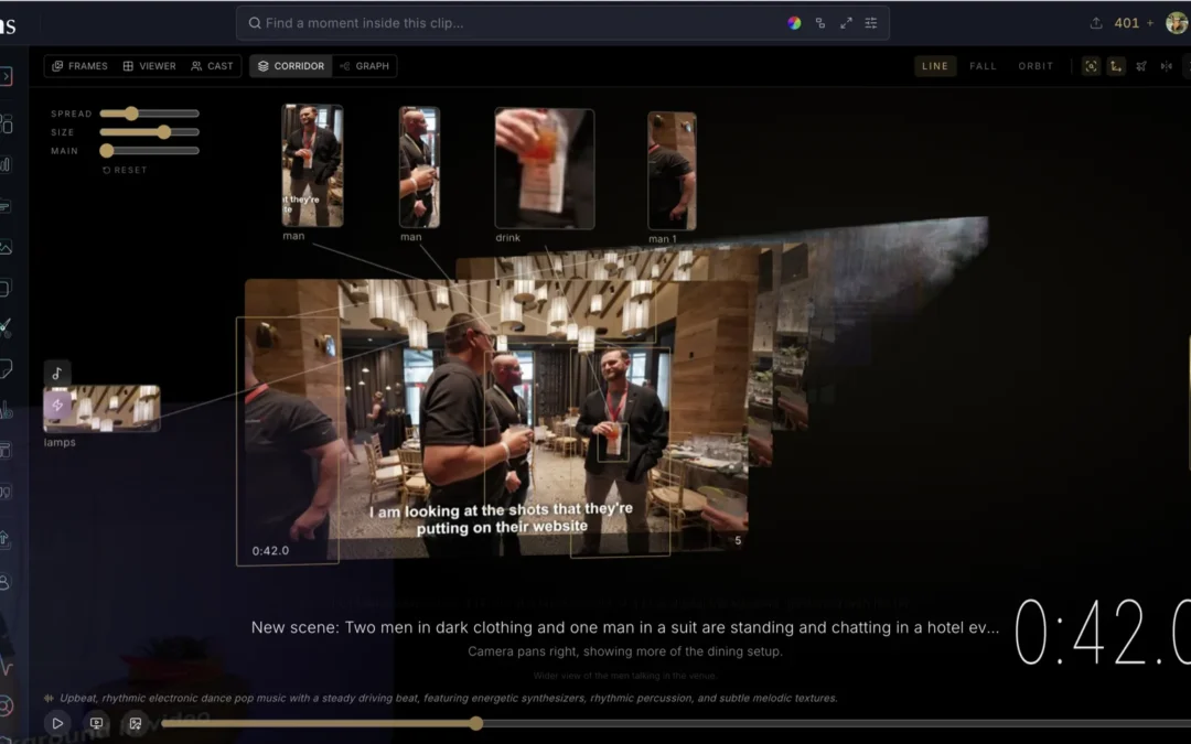 AI video search scanning Bonomotion event footage, detecting people, a drink and venue lighting across scenes at timecode 0:42.0