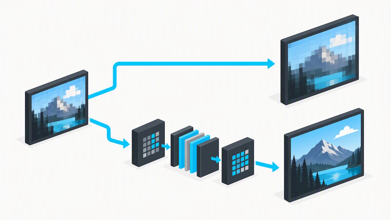 Illustration comparing resizing and AI reconstruction