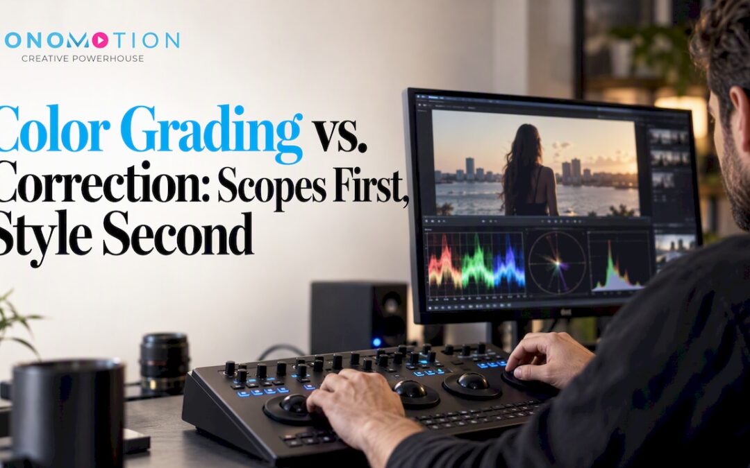 Colorist adjusting controls beside grading monitor