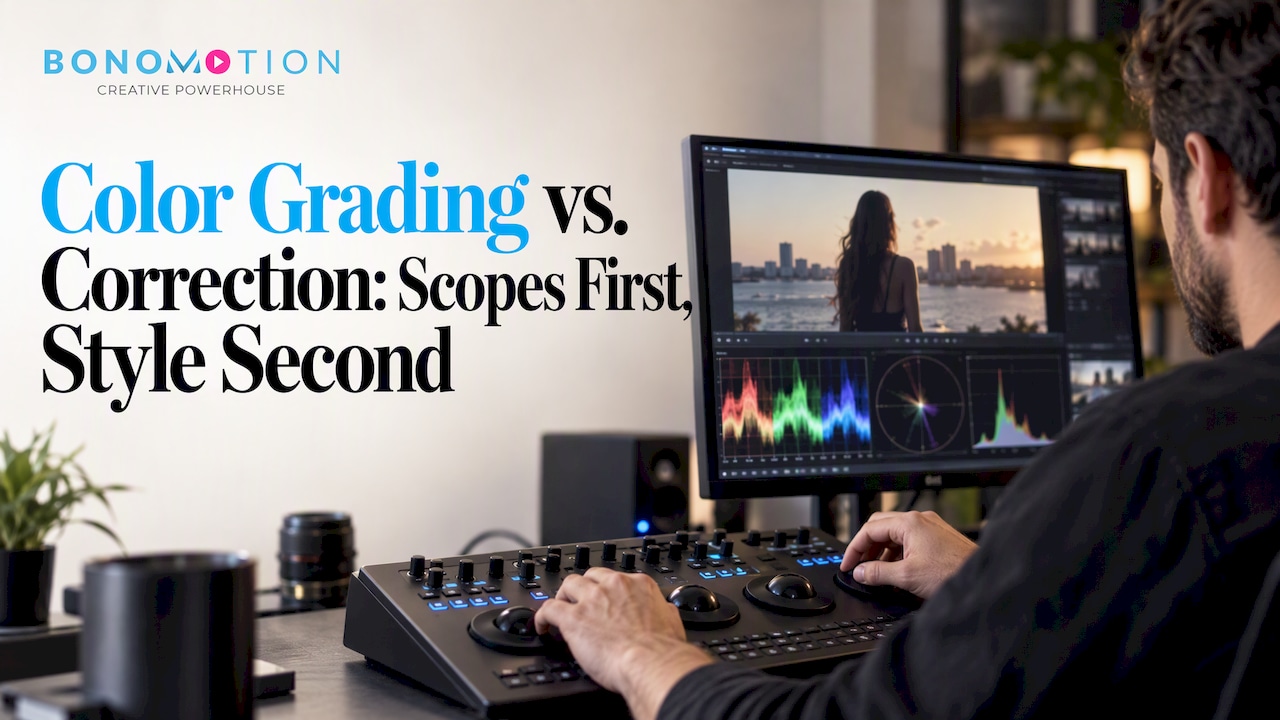 Colorist adjusting controls beside grading monitor