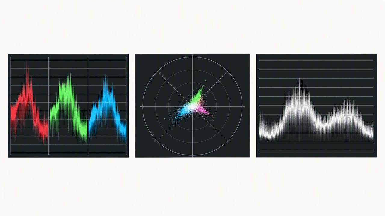 Illustrated RGB parade, vectorscope, and waveform readings