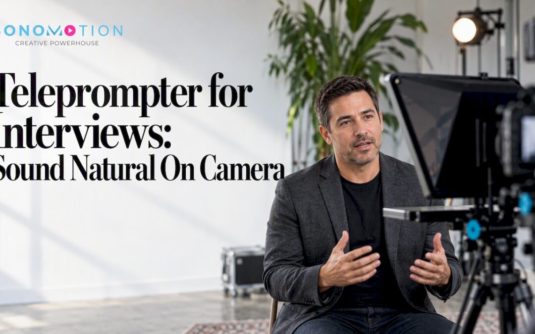 Interview speaker reading through a camera teleprompter