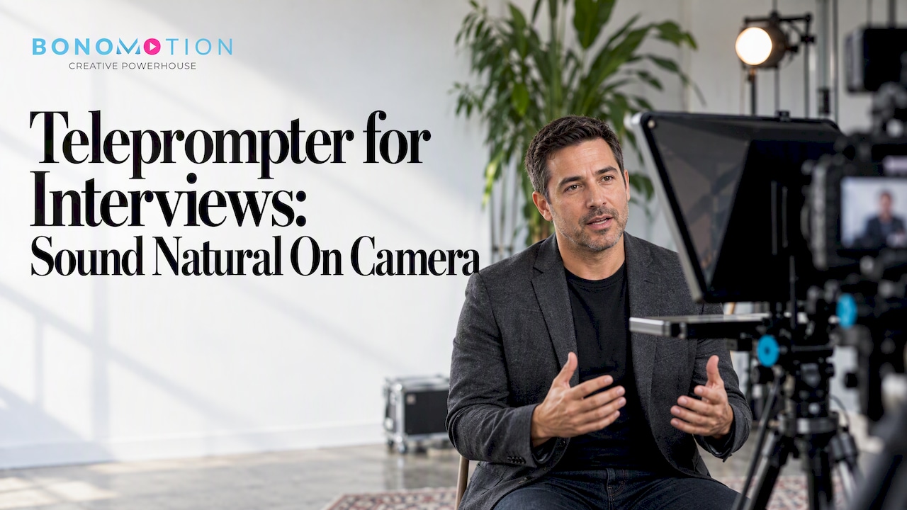 Interview speaker reading through a camera teleprompter