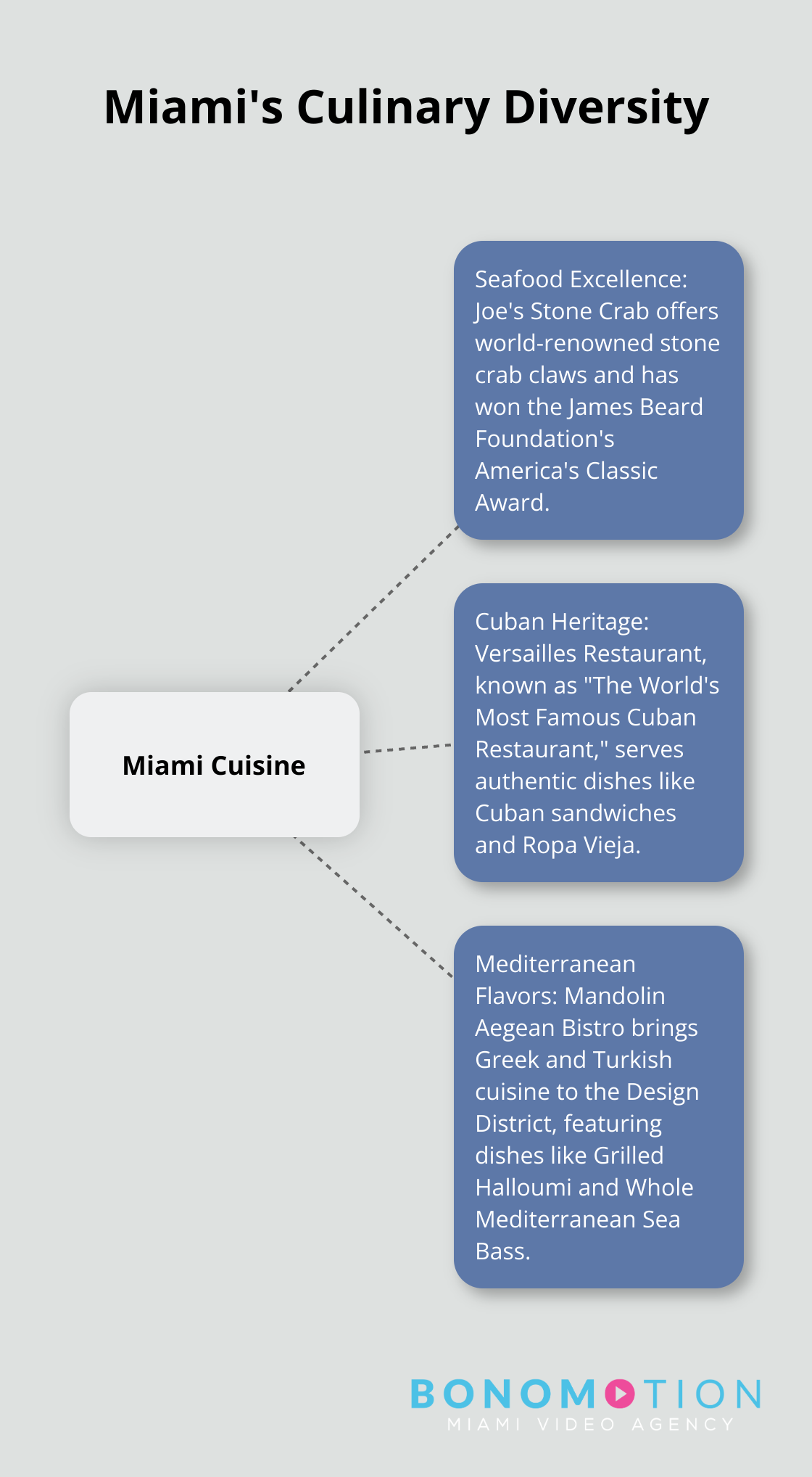 A hub and spoke chart showing Miami's diverse culinary scene with Seafood, Cuban, and Mediterranean cuisines
