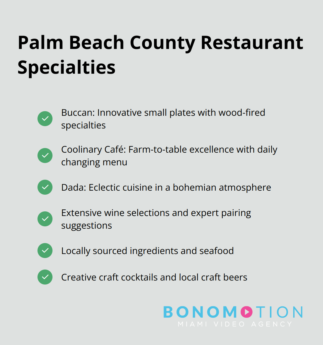 A checkmark list chart highlighting the specialties of three Palm Beach County restaurants: Buccan, Coolinary Café, and Dada - best restaurants in south florida