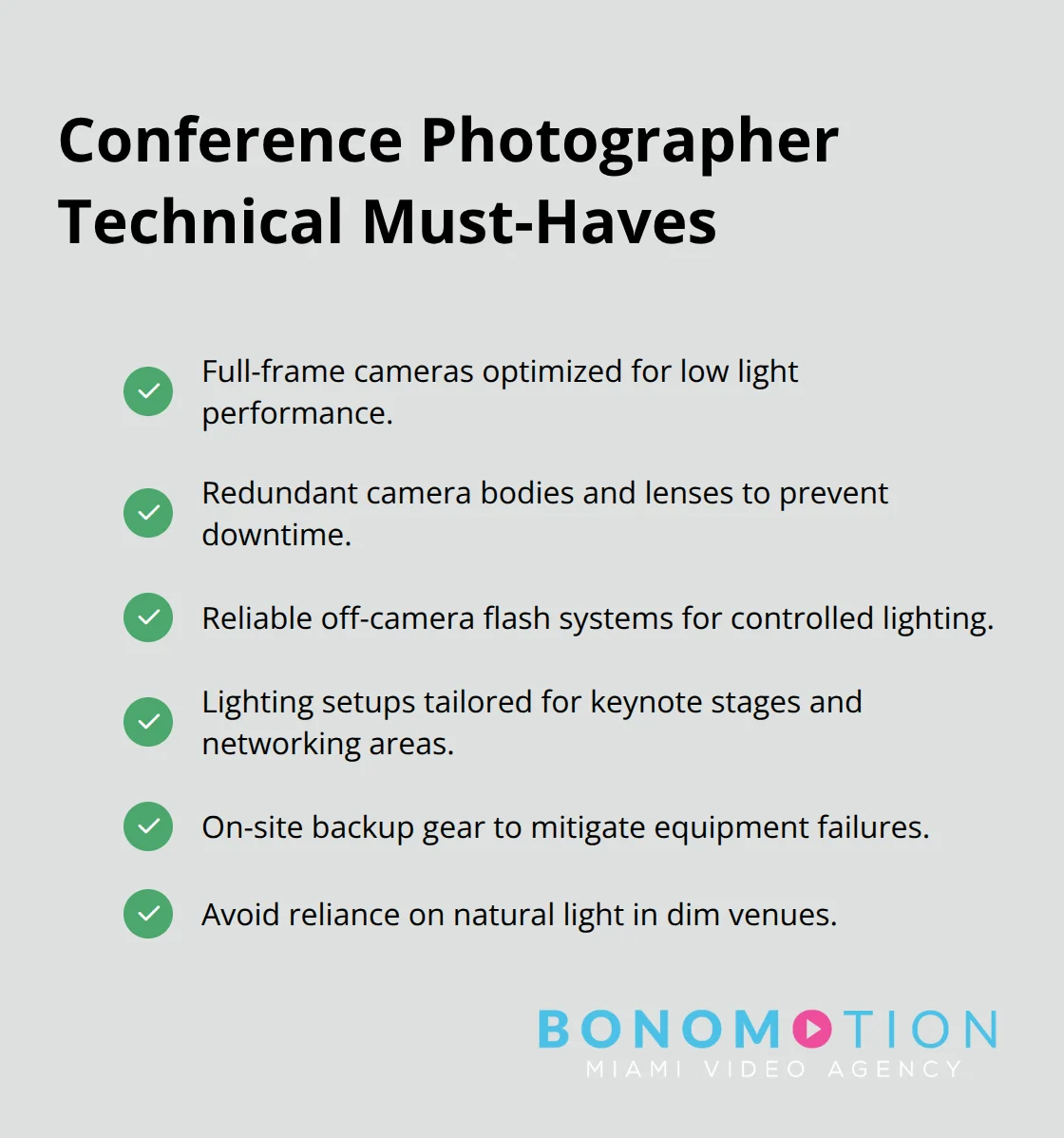 Checklist of essential technical requirements for conference photographers.