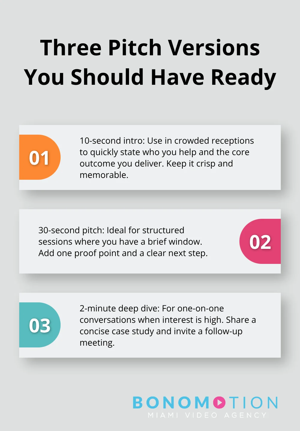 Three networking pitch formats for different situations - small business owner events