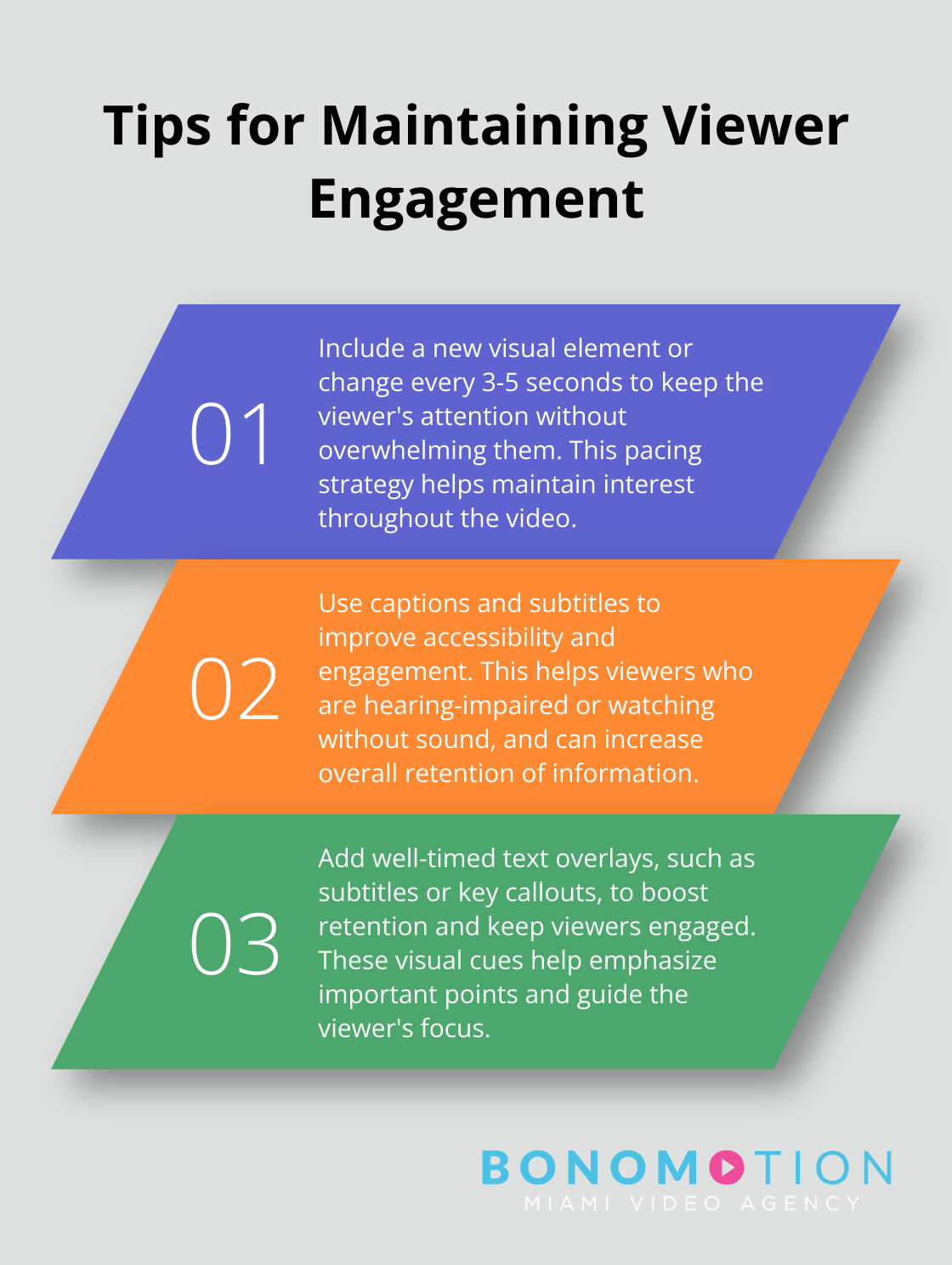 Ordered list chart showing three tips for maintaining viewer engagement in tech videos - tech video production